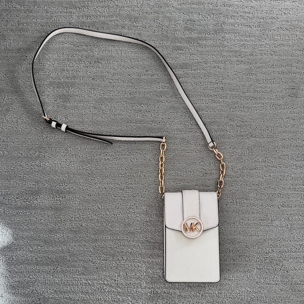 Michael Kors White Phone Crossbody with Gold Chain
